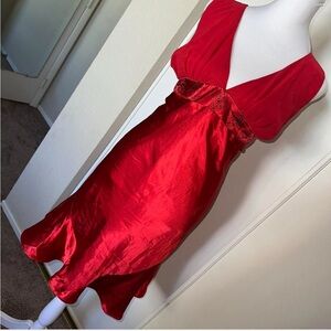 Red satin party hoco formal dress with ruffled hem chiffon waist tie back